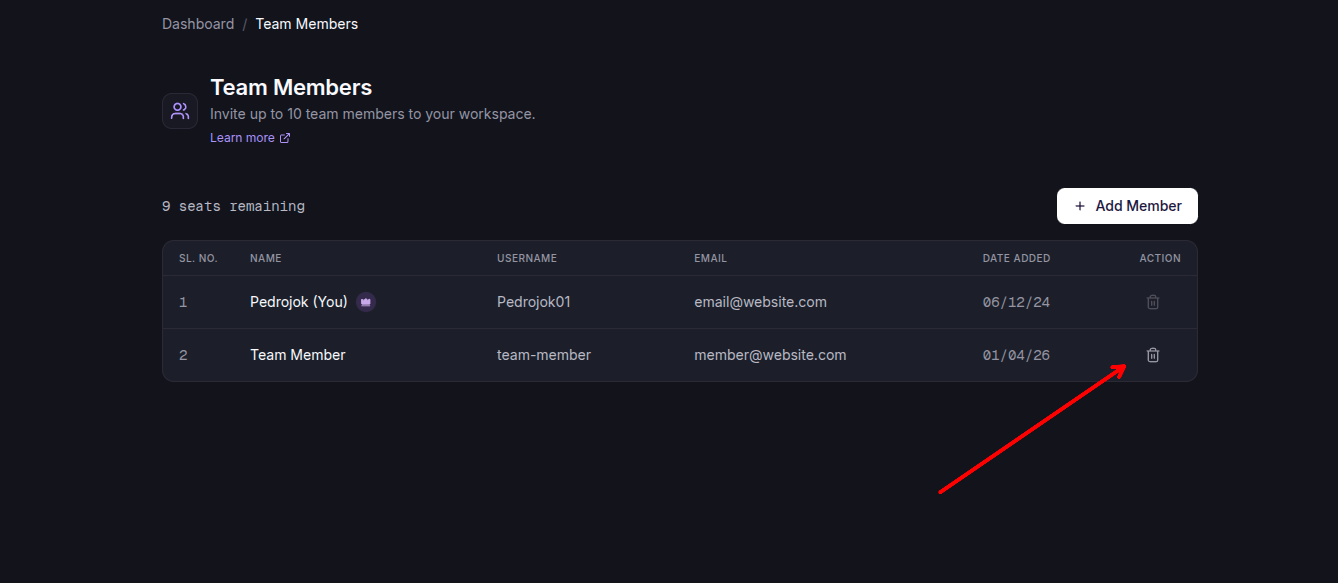 Remove Team Member Button