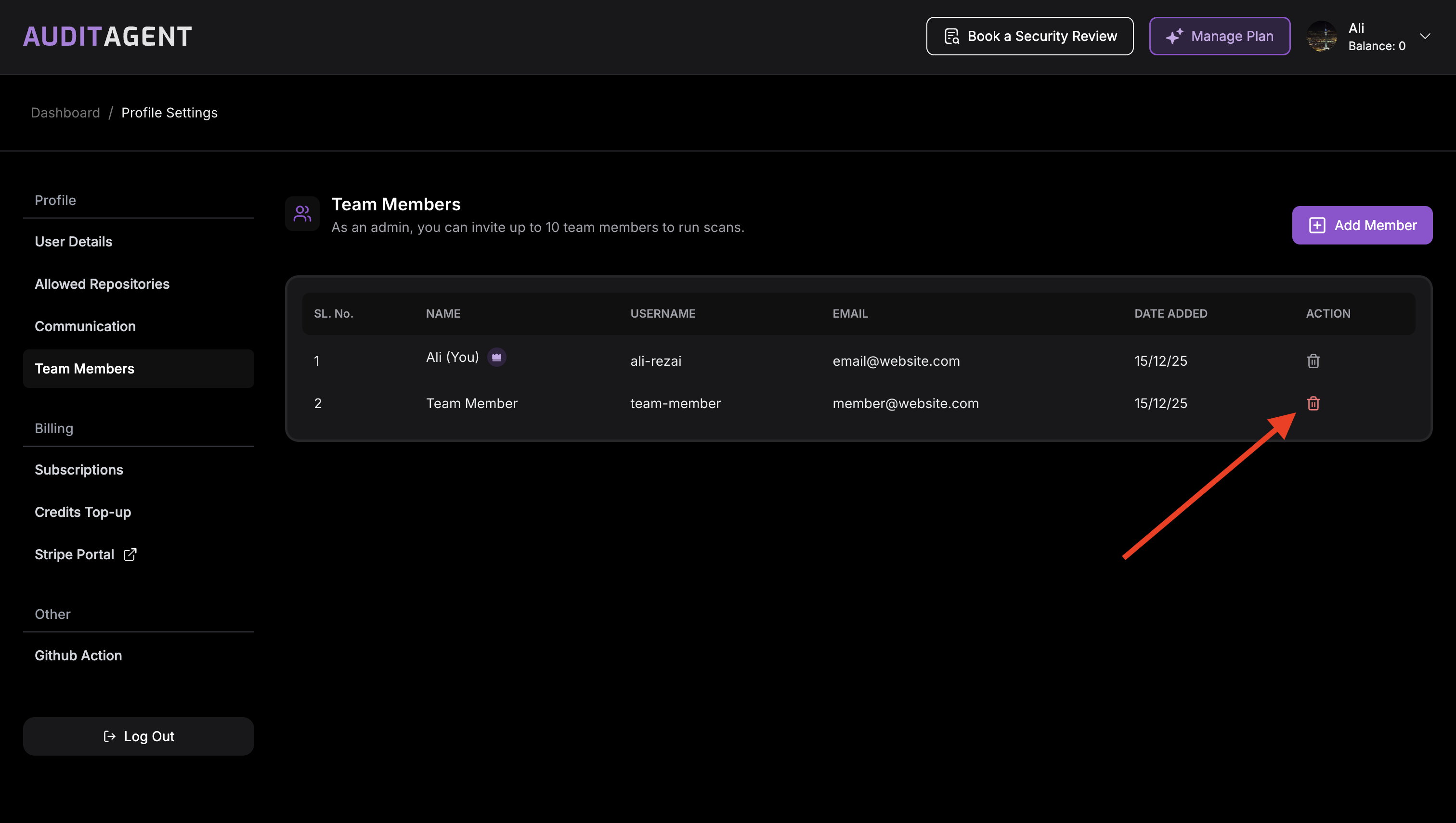 Remove Team Member Button