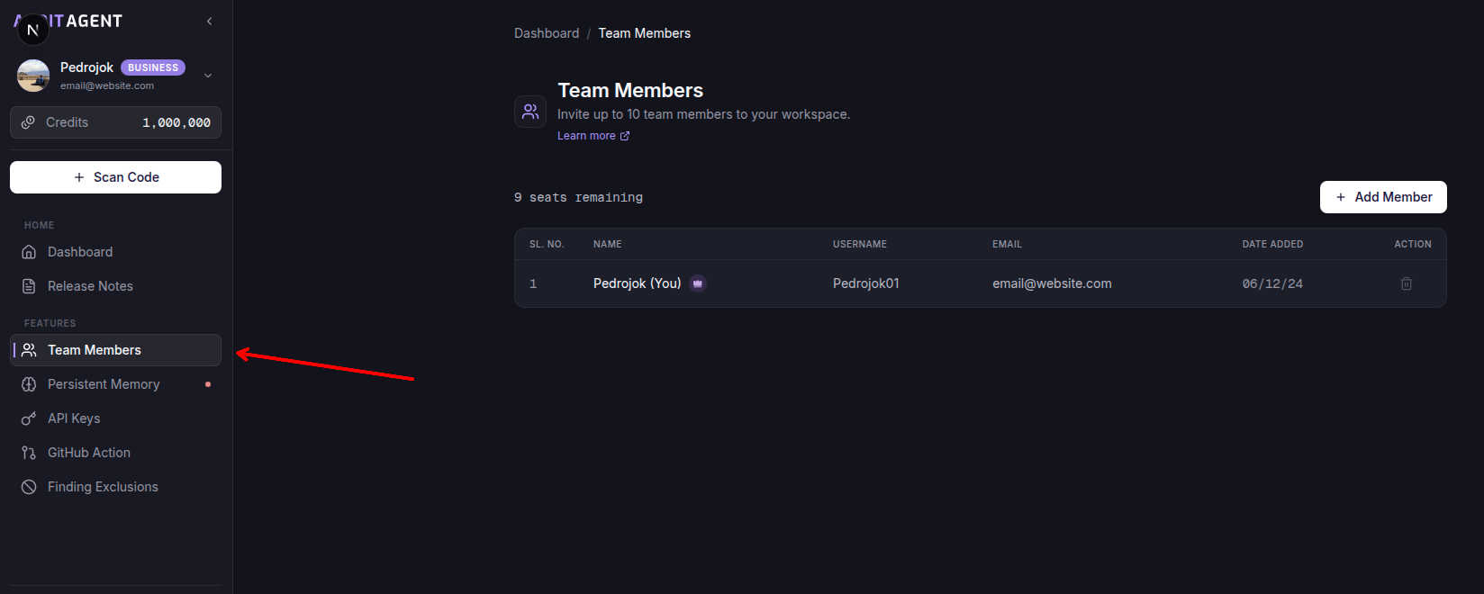 Team Members list